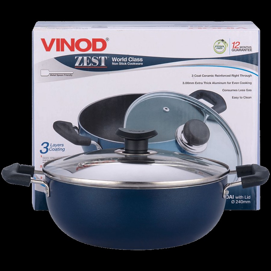 Vinod Zest Non-Stick Aluminium Kadai - With Glass Lid