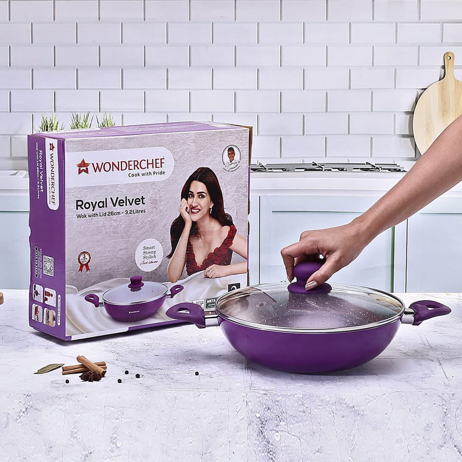 Wonderchef Non-Stick Aluminium Wok Pan/Kadai -  With Lid