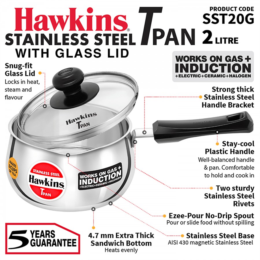 Hawkins Stainless Steel Tpan/Sauce Pan With Glass Liid - Induction Base