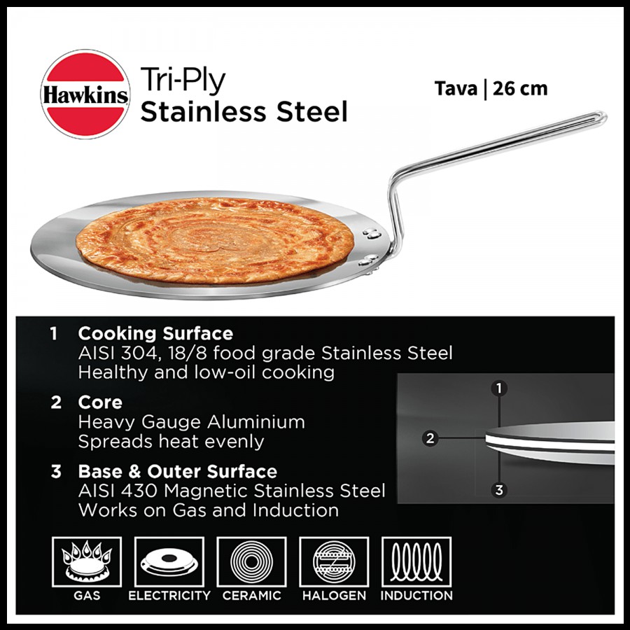 Hawkins Tri-Ply Stainless Steel Tawa - Induction Base