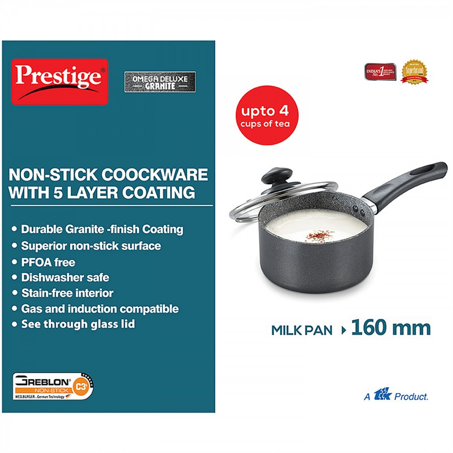 Prestige Omega Deluxe Granite Non-Stick Round Base Milk Pan - With Glass Lid