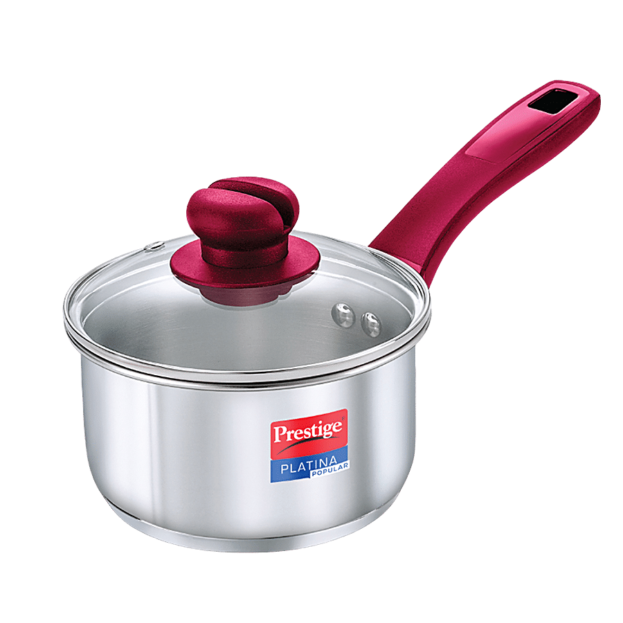 Prestige Platina Popular Stainless Steel Unique Impact Forged Bottom Sauce Pan - With Glass Lid