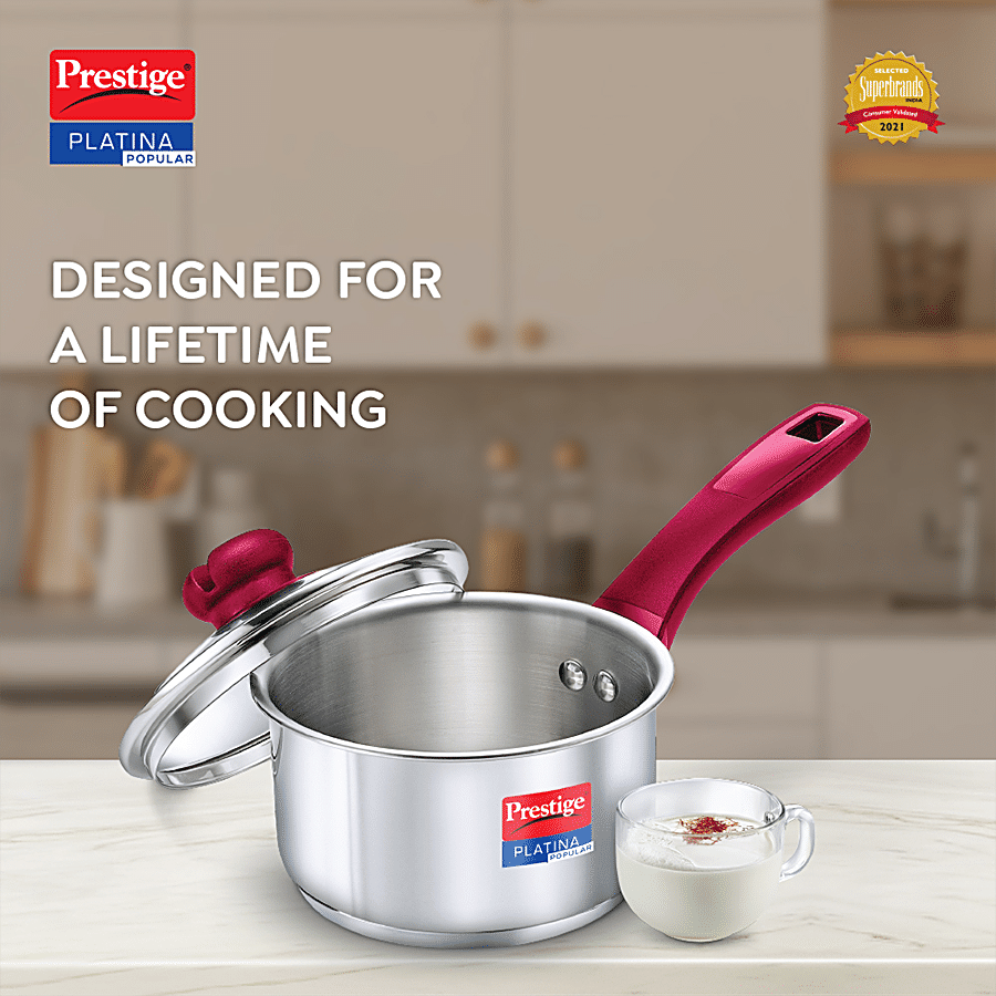 Prestige Platina Popular Stainless Steel Unique Impact Forged Bottom Sauce Pan - With Glass Lid