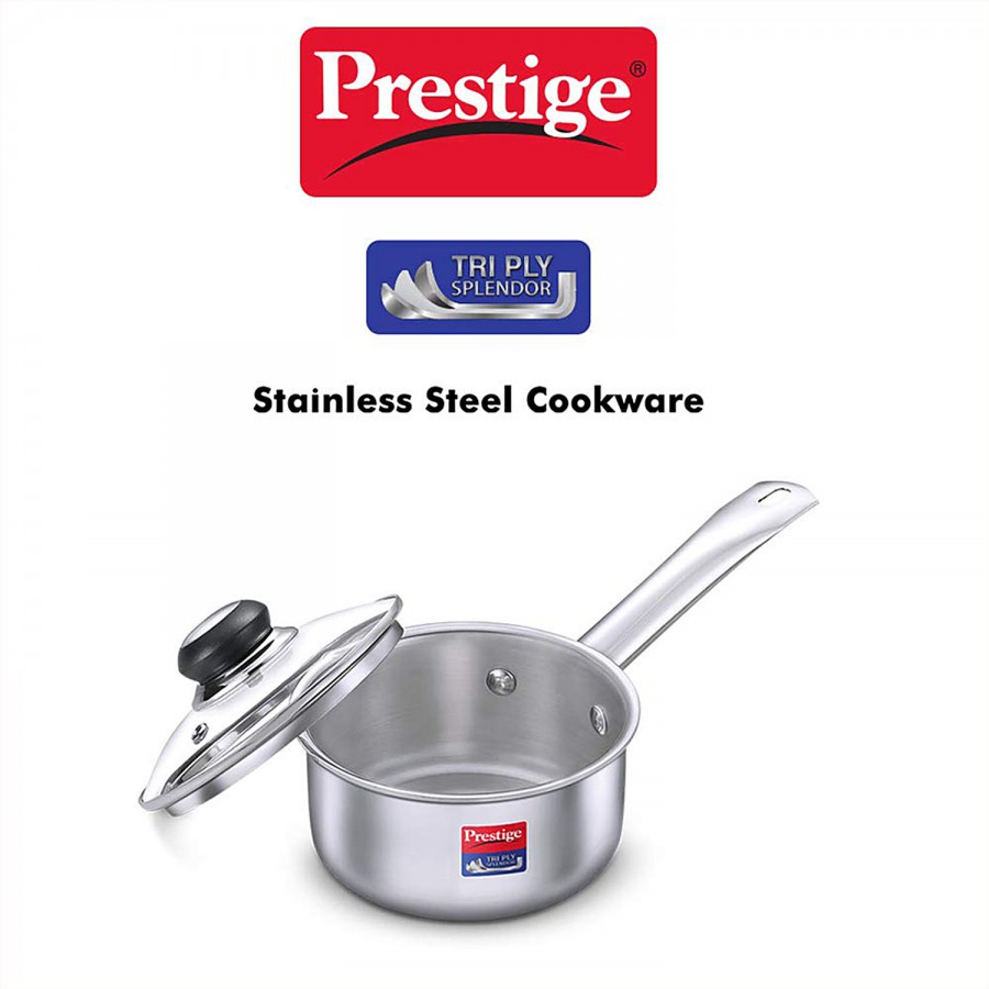 Prestige Tri Ply Splendor Stainless Steel Gas & Induction Compatible Sauce Pan - With Glass Lid