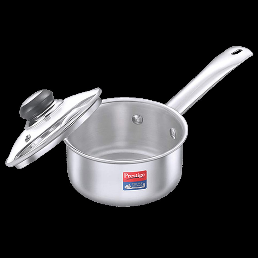 Prestige Tri Ply Splendor Stainless Steel Gas & Induction Compatible Sauce Pan - With Glass Lid