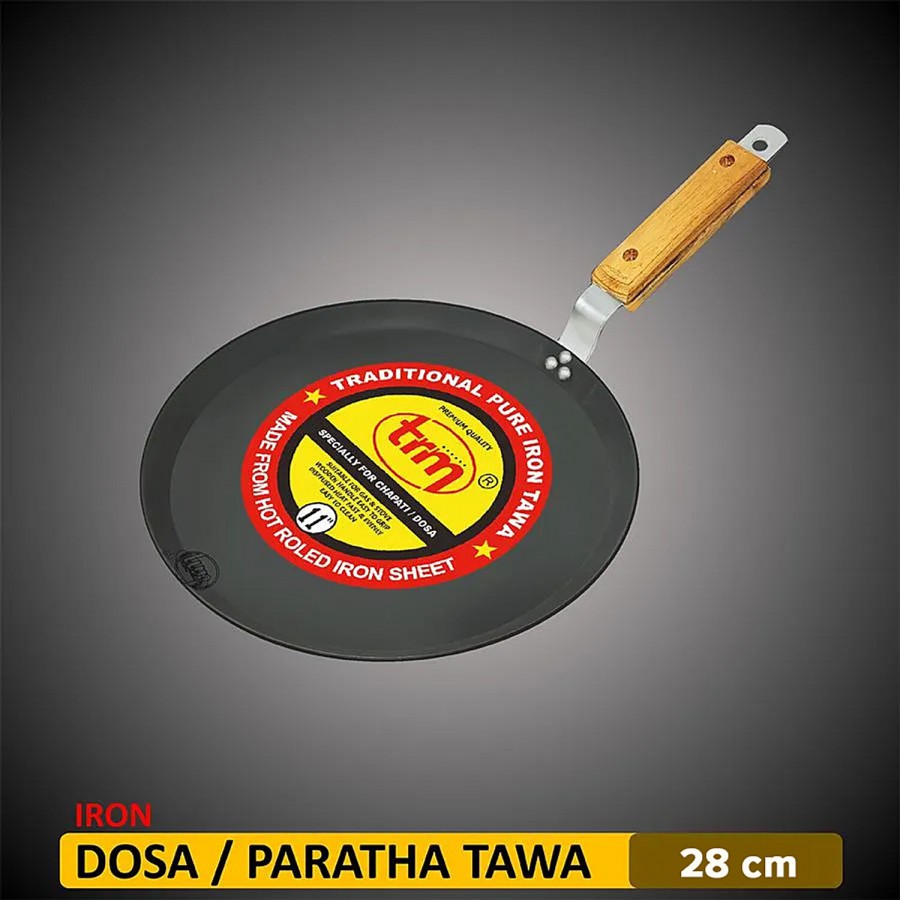 Trm Classic HOT Roll Traditional Pure Iron Flat/Dosa Tawa - With Wooden Handle