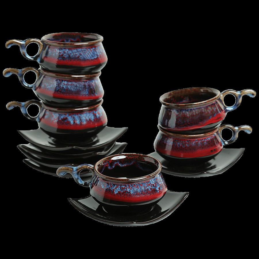 ExclusiveLane Ceramic Tea Cups & Saucers - Crimson Mascarene