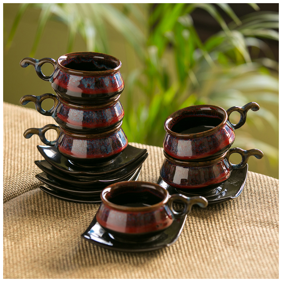 ExclusiveLane Ceramic Tea Cups & Saucers - Crimson Mascarene