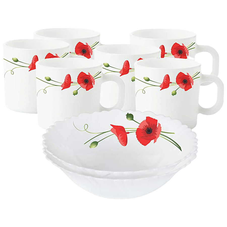 Larah by Borosil Opalware Snack Set - Red Carnations