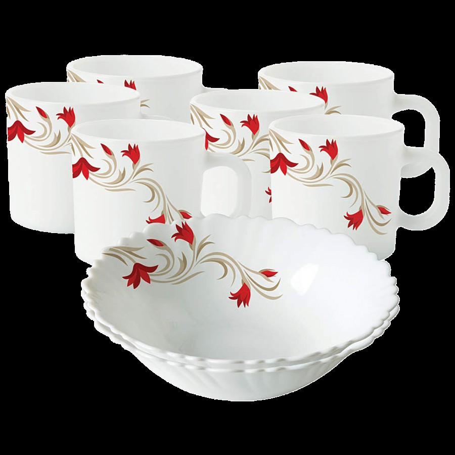 Larah by Borosil Opalware Snack Set - Red Lily