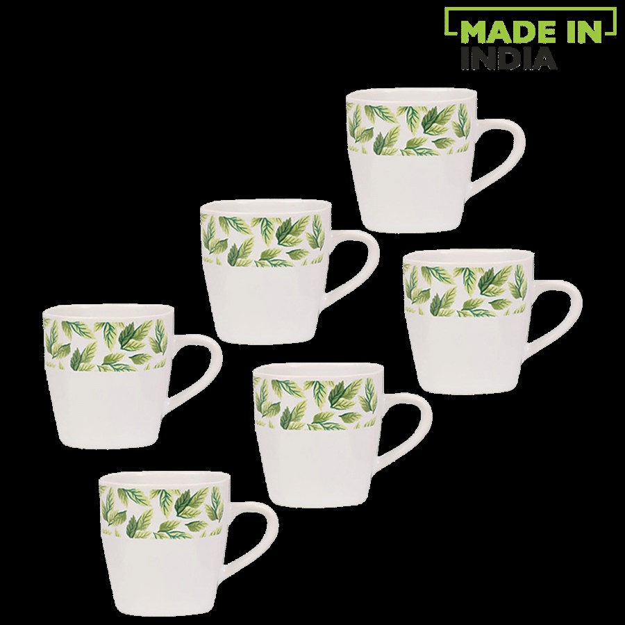 Parka Chai/Tea/Coffee Earthenware Cups - White Base With Green Leaf Border