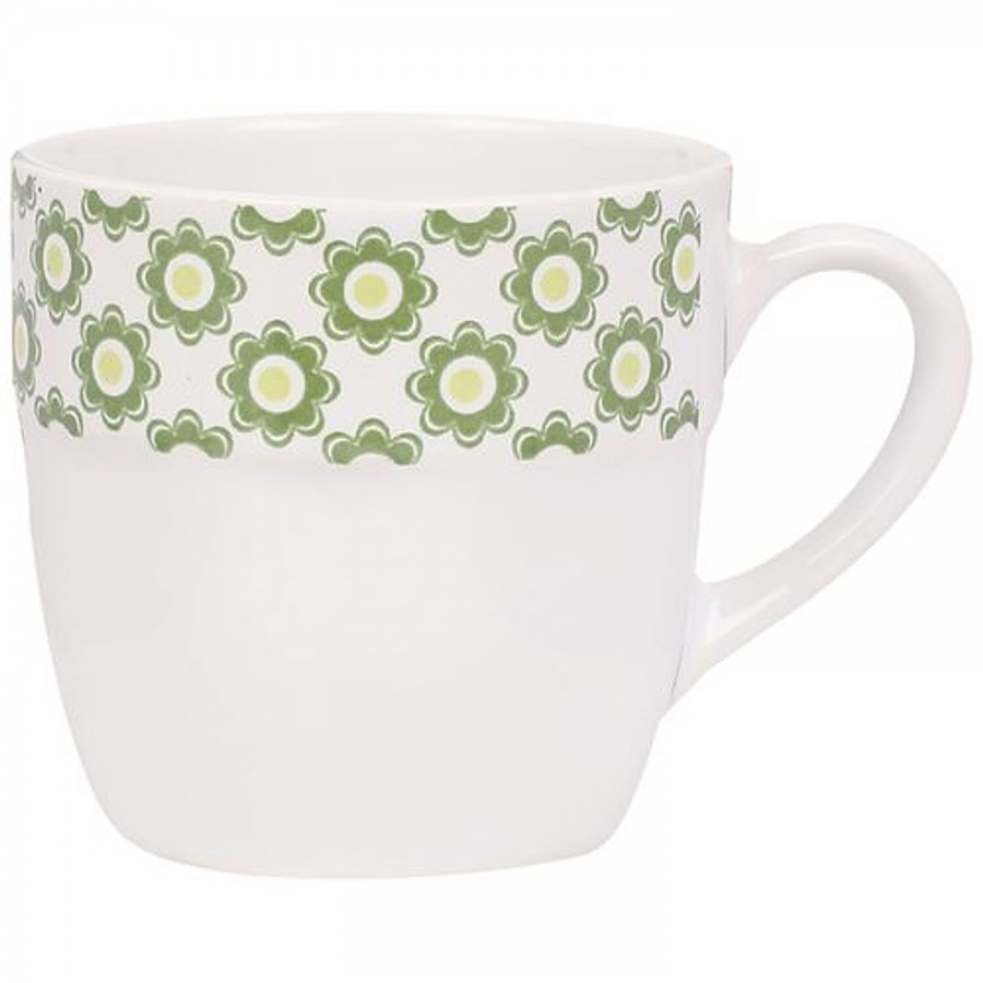 Parka Chai/Tea/Coffee Earthenware Cups - White Base With Green & Yellow Floral Border