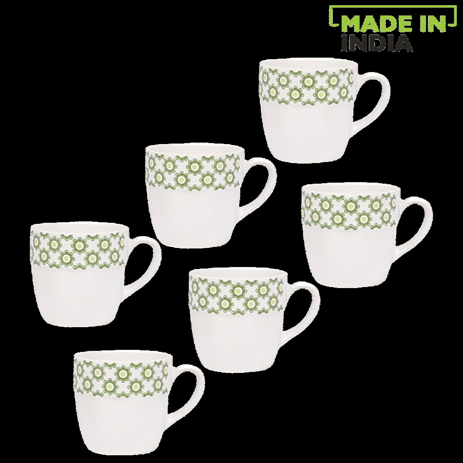 Parka Chai/Tea/Coffee Earthenware Cups - White Base With Green & Yellow Floral Border