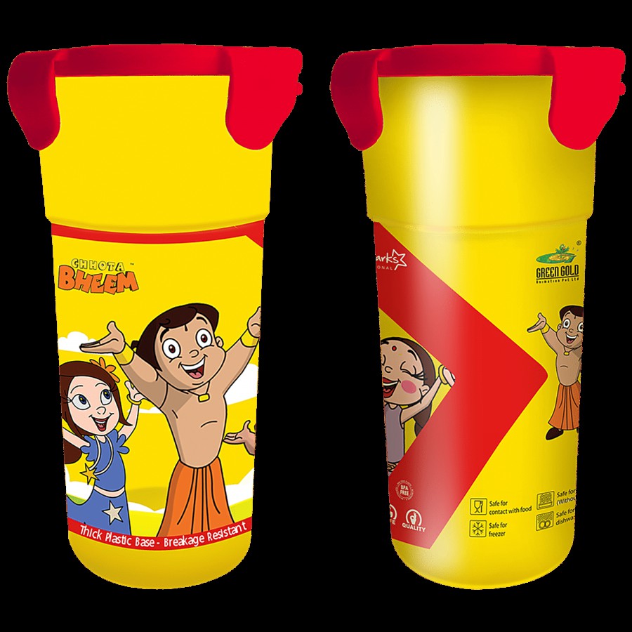 Yellow Spark Juice Glass With Leak Proof Cap - Assorted Character & Colour