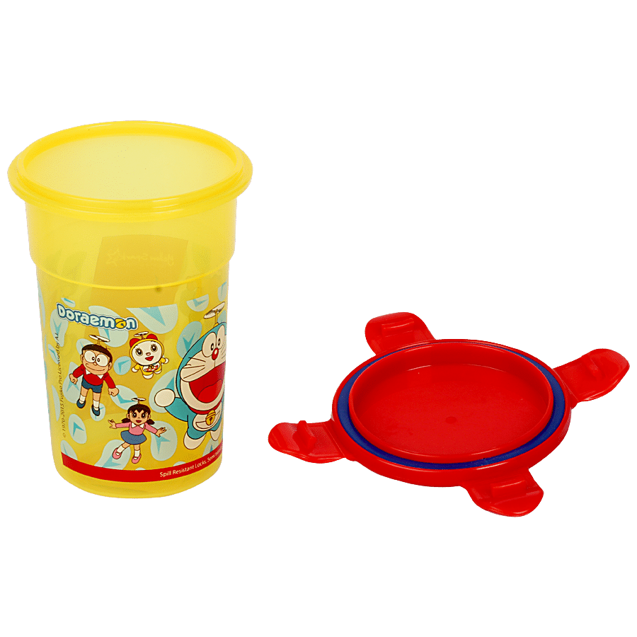 Yellow Spark Juice Glass With Leak Proof Cap - Assorted Character & Colour