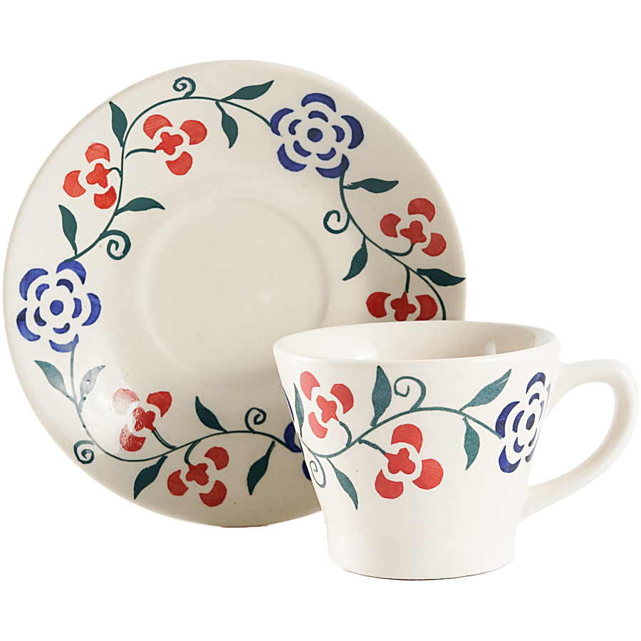 bb home Earth Ceramic Tea Cup & Saucer - Classic Floral Ring Design