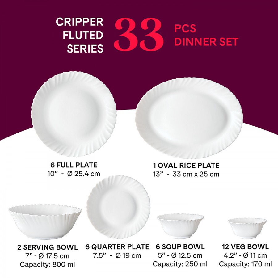 Larah by Borosil Cripper Fluted Series Opalware Dinner Set - White