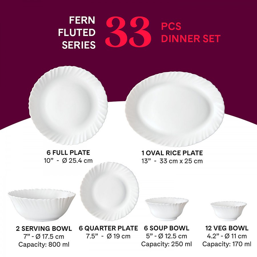 Larah by Borosil Fern Fluted Series Opalware Dinner Set - White