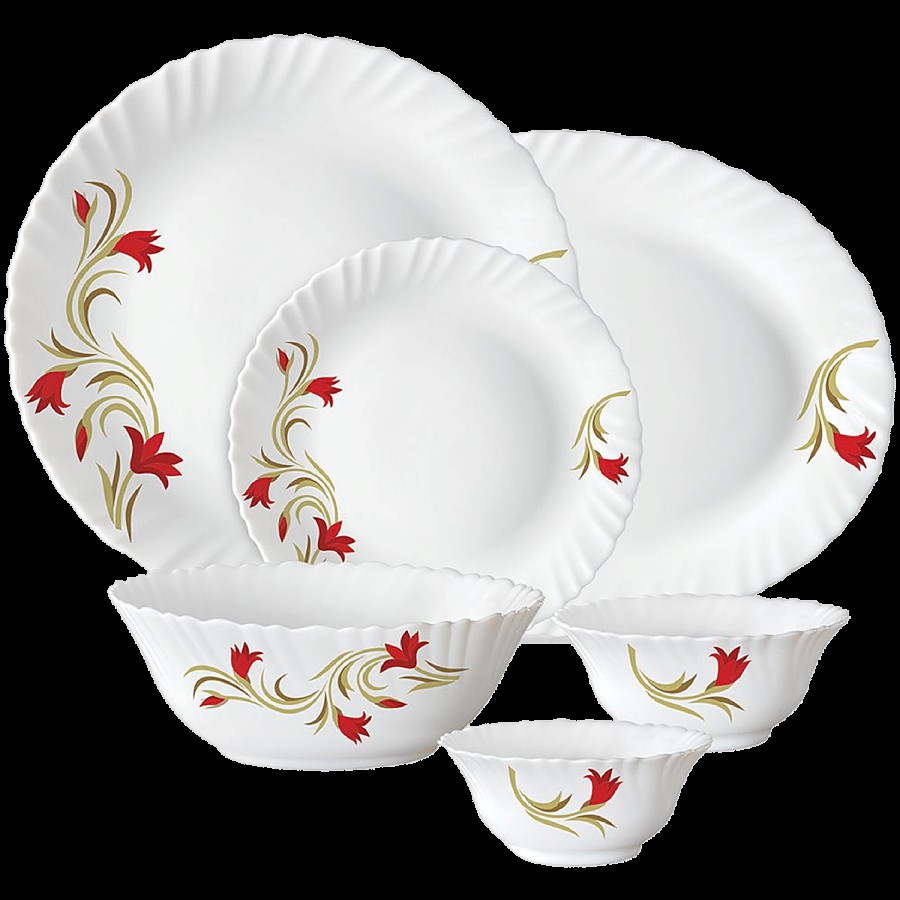 Larah by Borosil Red Lily Fluted Series Opalware Dinner Set - White