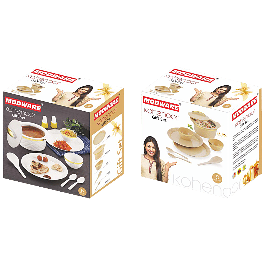 Modware Kohenoor Kitchen Set - 1.8 L Casserole + 2 Plates + 2 Bowls + 2 Big Spoon + 1 Serving Spoon - White Gold