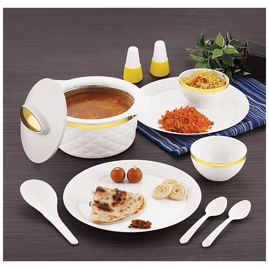 Modware Kohenoor Kitchen Set - 1.8 L Casserole + 2 Plates + 2 Bowls + 2 Big Spoon + 1 Serving Spoon - White Gold