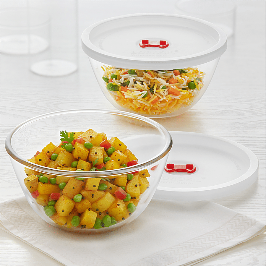 Borosil Borosilicate Glass Mixing & Serving Bowls With Lids - Oven & Microwave Safe