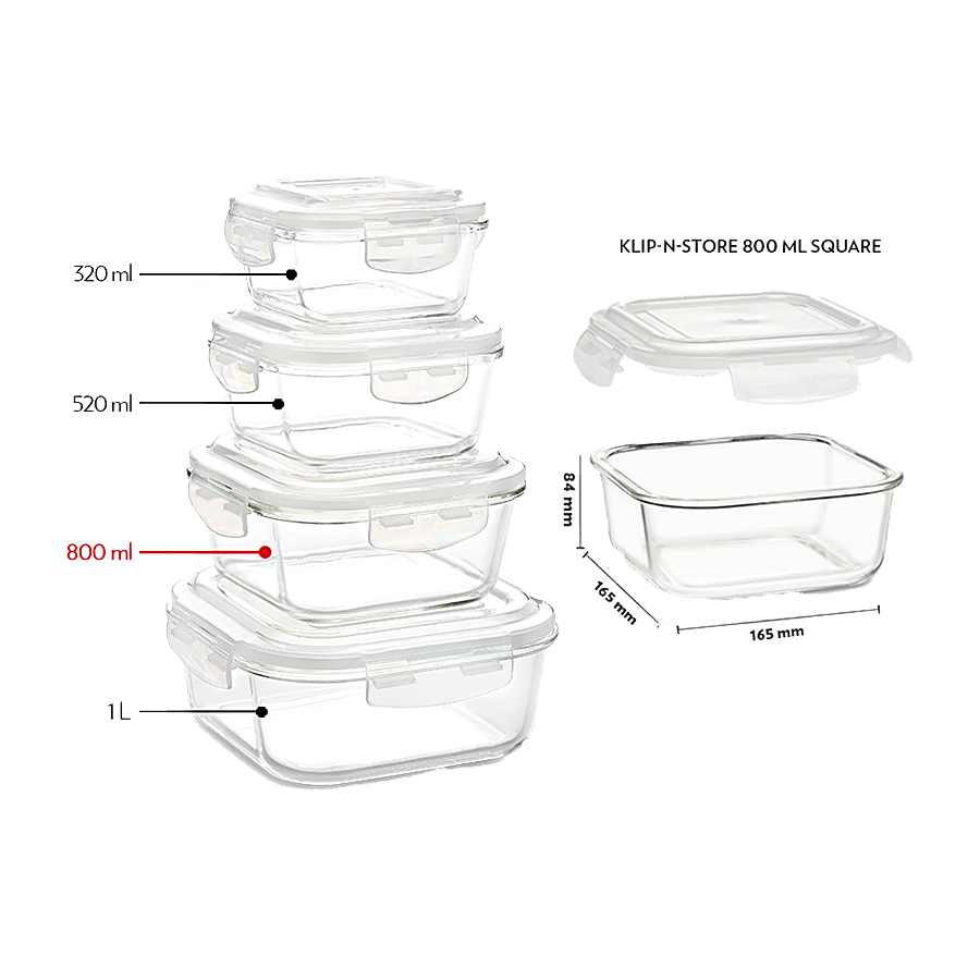 Borosil Klip N Store Glass Storage Container With Air-Tight Lid - Microwave Safe