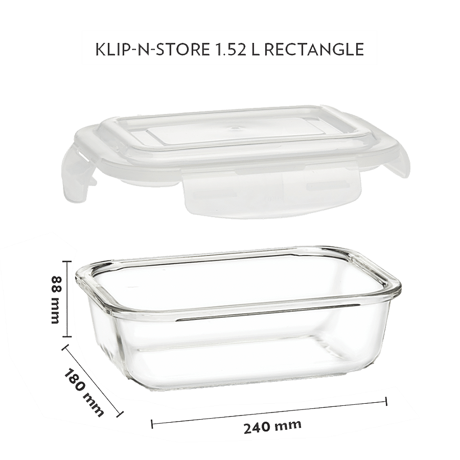 Borosil Klip N Store Glass Storage Container With Air-Tight Lid -  Microwave Safe