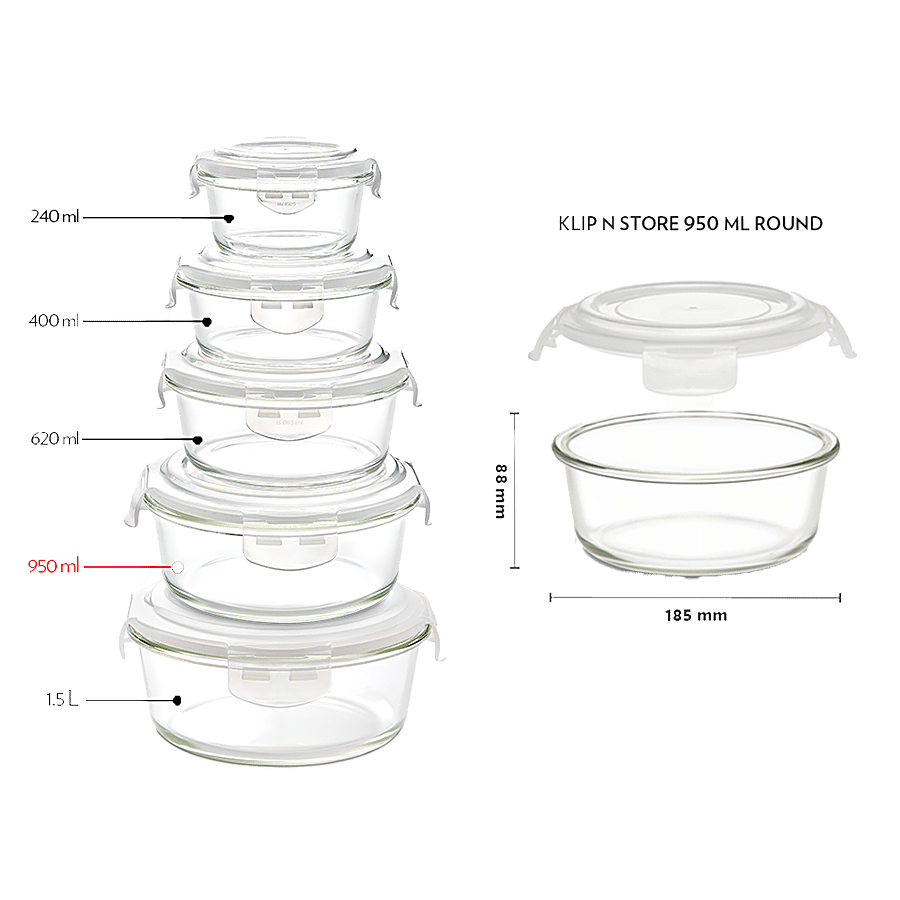 Borosil Klip N Store Glass Storage Container With Air-Tight Lid - Microwave Safe