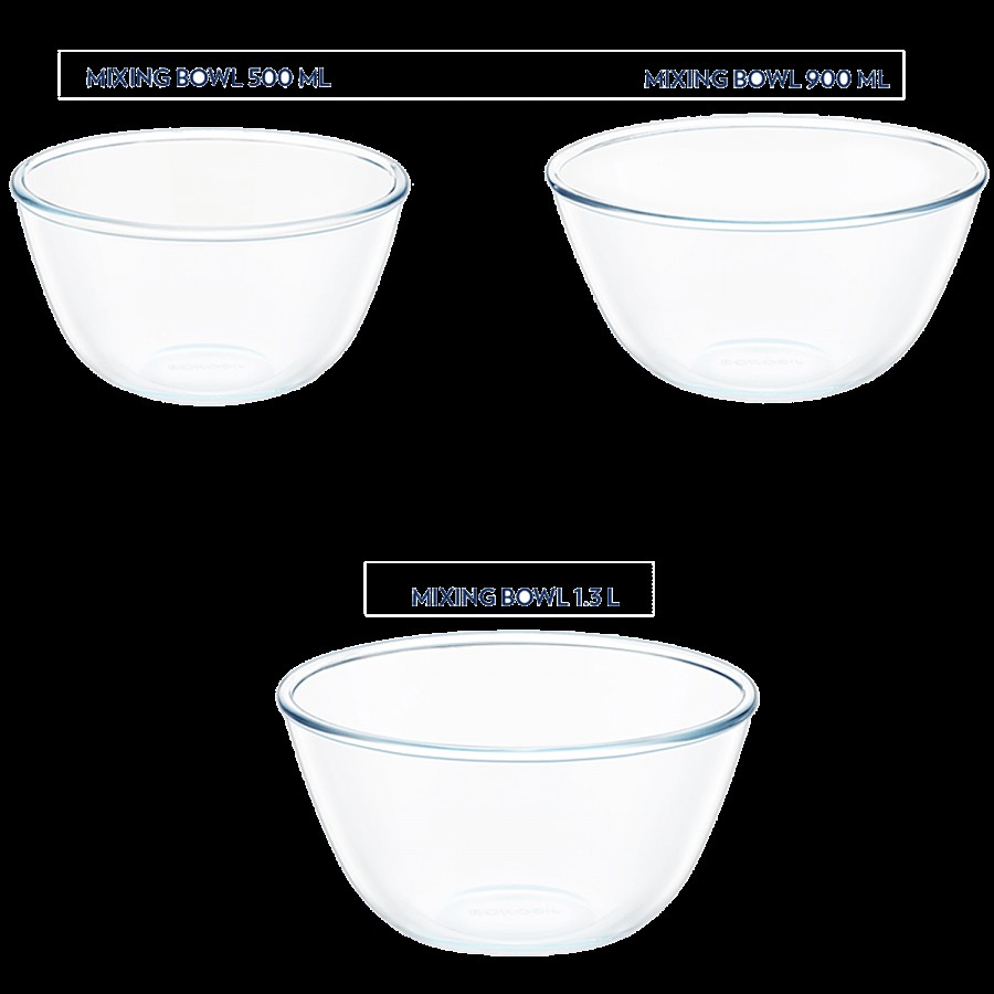 Borosil Microwave Safe Basics - Glass Solid Mixing Bowls With Lid