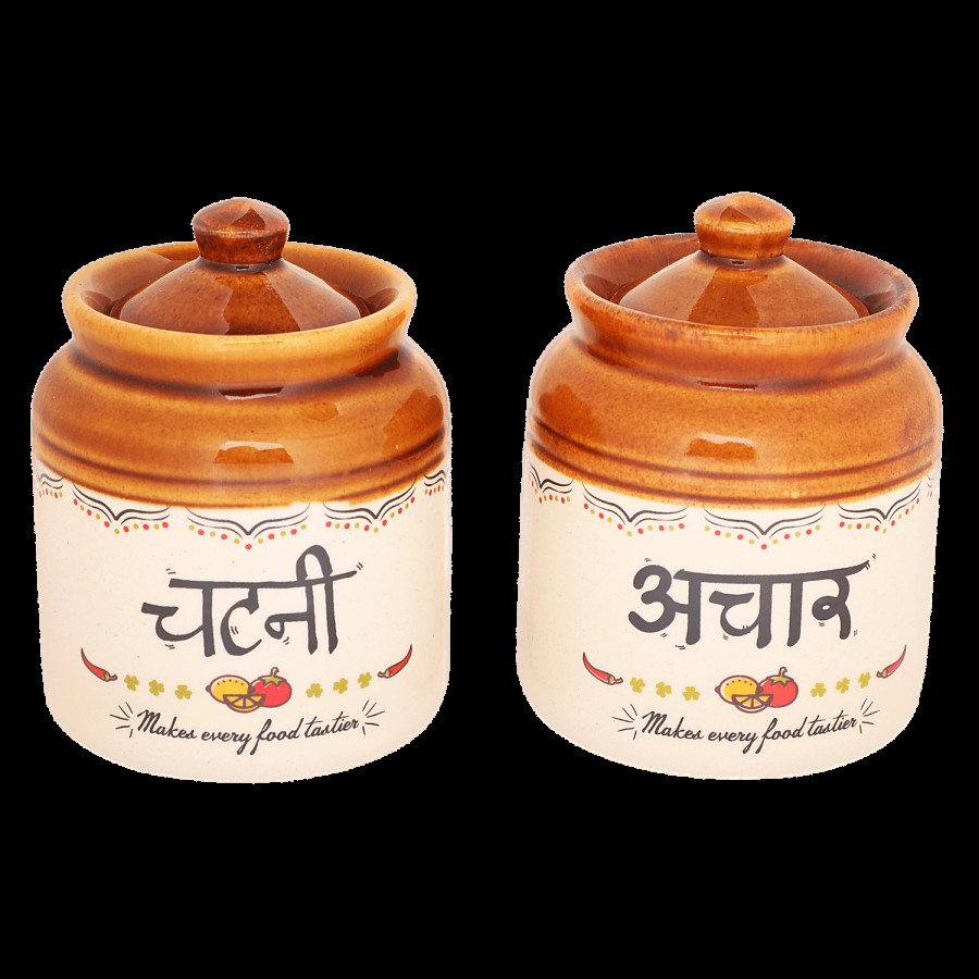 Ek Do Dhai Chutney & Achaar Ceramic Stoneware Set For Pickle Storage