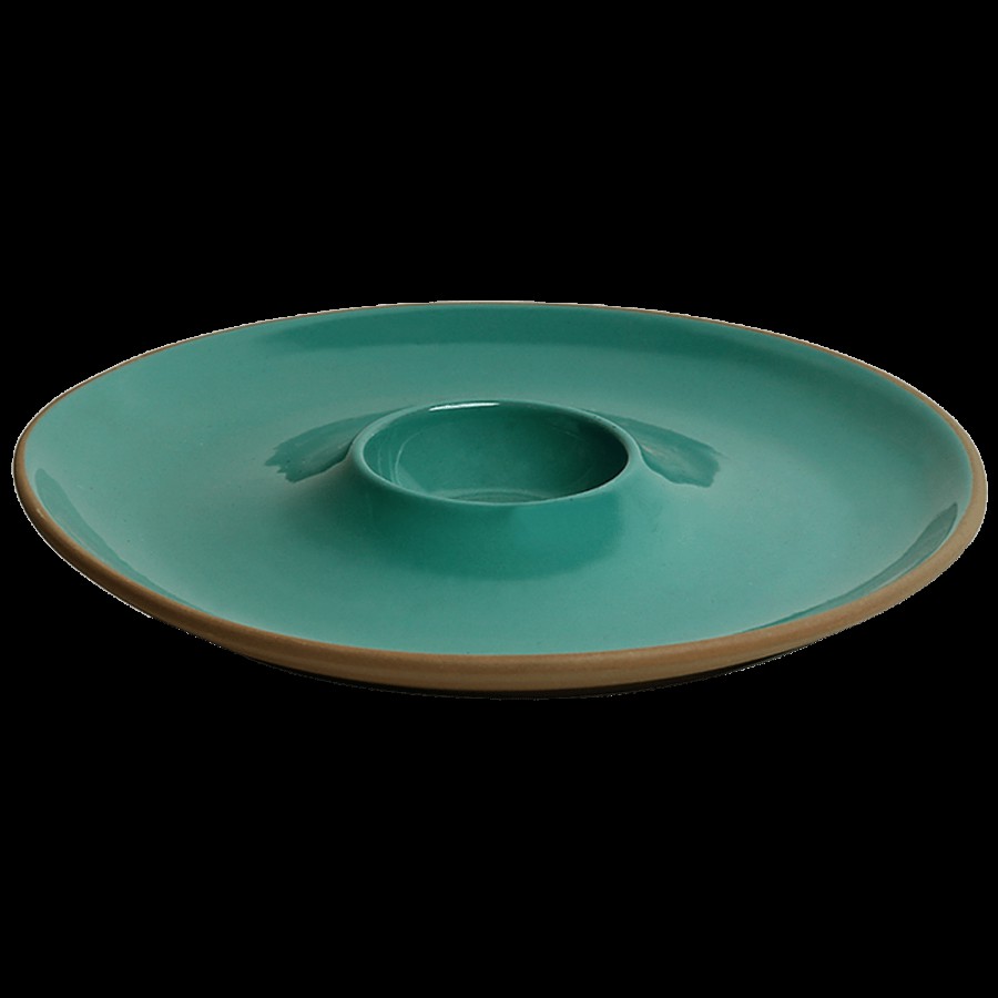 ExclusiveLane Ceramic Chip N Dip Serving Platter - Earthen Turquoise