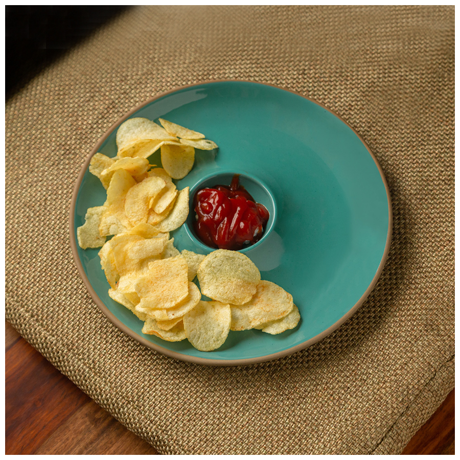 ExclusiveLane Ceramic Chip N Dip Serving Platter - Earthen Turquoise