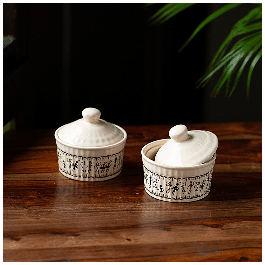 ExclusiveLane Ceramic Chutney & Pickle Holders - Whispers Of Warli