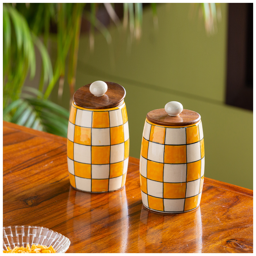 ExclusiveLane Ceramic Multi Purpose Storage Jars/Containers - Shatranj Checkered