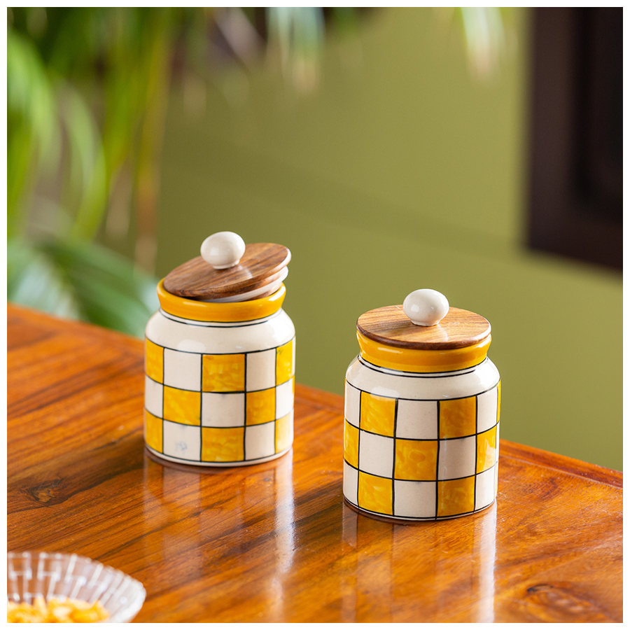 ExclusiveLane Ceramic Multi Purpose Storage Jars/Containers - Shatranj Checkered