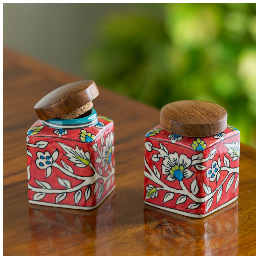 ExclusiveLane Ceramic Multi Utility Storage Jars/Containers - Mughal Cuboidal Pair