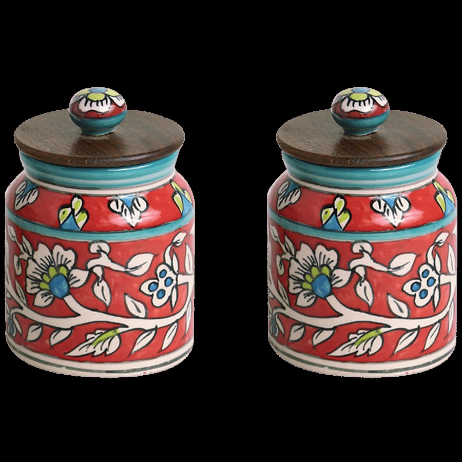 ExclusiveLane Ceramic Multi Utility Storage Jars/Containers - Mughal Cylindrical Duo