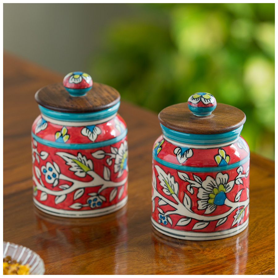 ExclusiveLane Ceramic Multi Utility Storage Jars/Containers - Mughal Cylindrical Duo