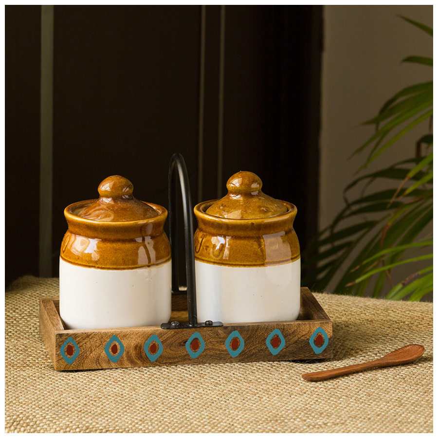 ExclusiveLane Chutney & Pickle Ceramic Jar With Tray - Old Fashioned Martaban