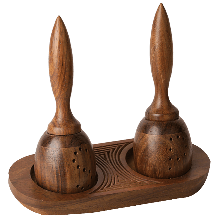 ExclusiveLane Unique Slanting Salt & Pepper Shaker With Tray In Sheesham Wood - Elegant Design