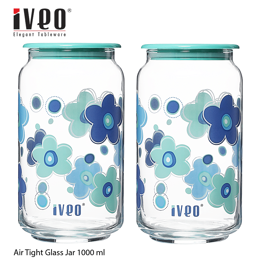 Iveo  Glass Amaze Air Tight Jar - Blue