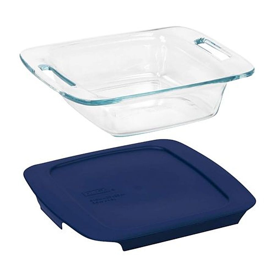 Pyrex Borosilicate Glass Baking 8" Square Easy Grab With Blue Lid