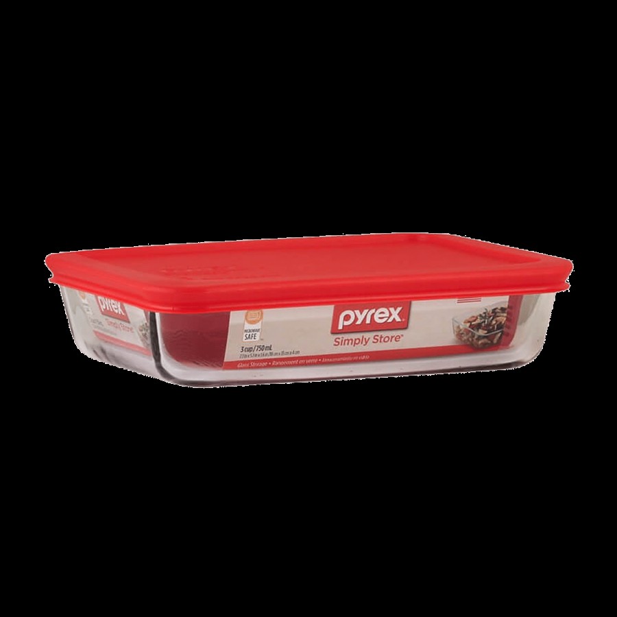 Pyrex Borosilicate Glass Baking Rectangular Storage 3 Cup With Red Lid