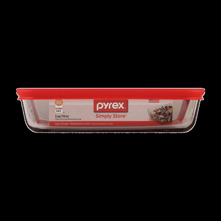 Pyrex Borosilicate Glass Baking Rectangular Storage 3 Cup With Red Lid