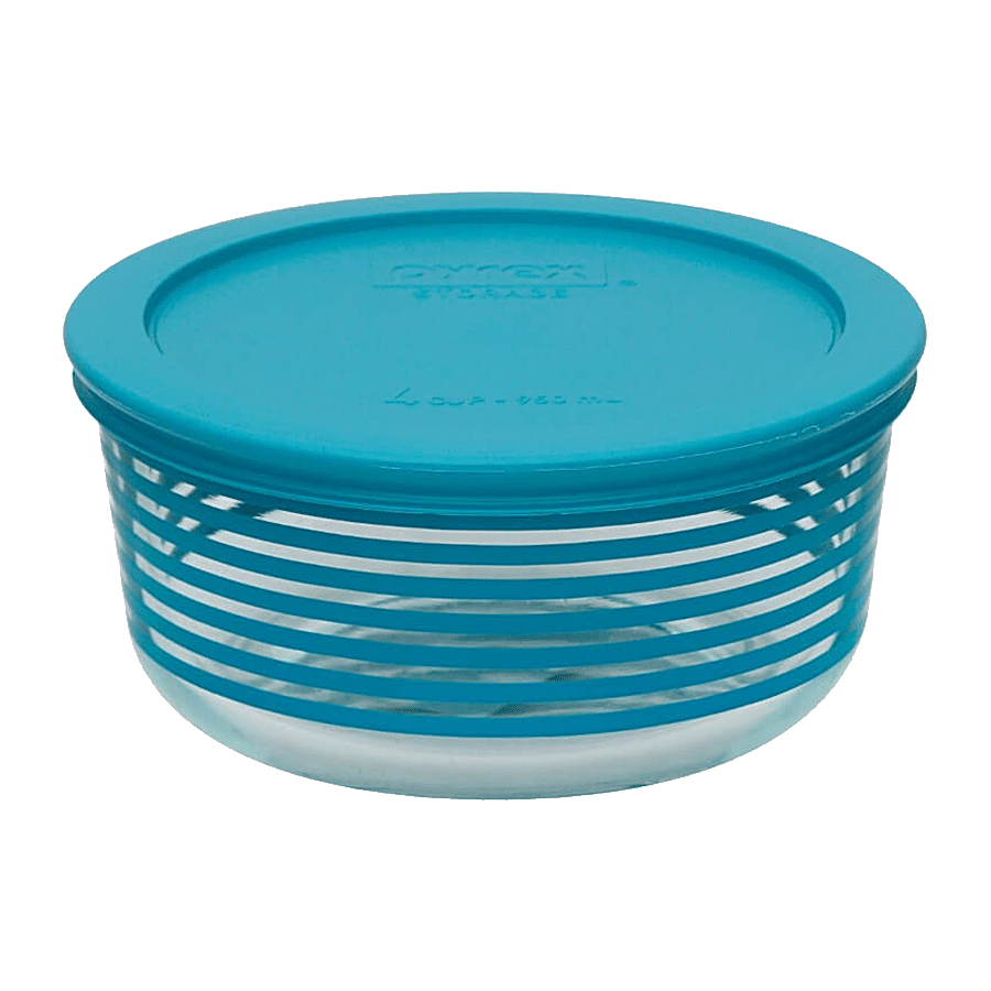 Pyrex Borosilicate Glass Baking Round Storage 4 Cup Blue Stripes With Blue Lid