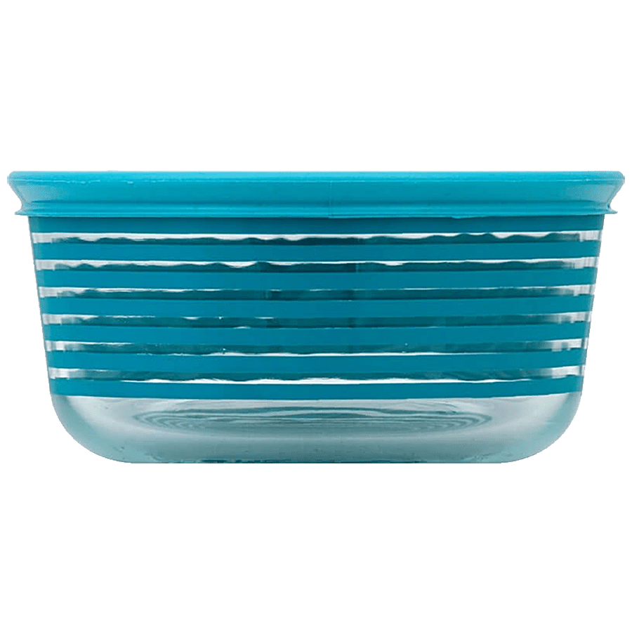 Pyrex Borosilicate Glass Baking Round Storage 4 Cup Blue Stripes With Blue Lid