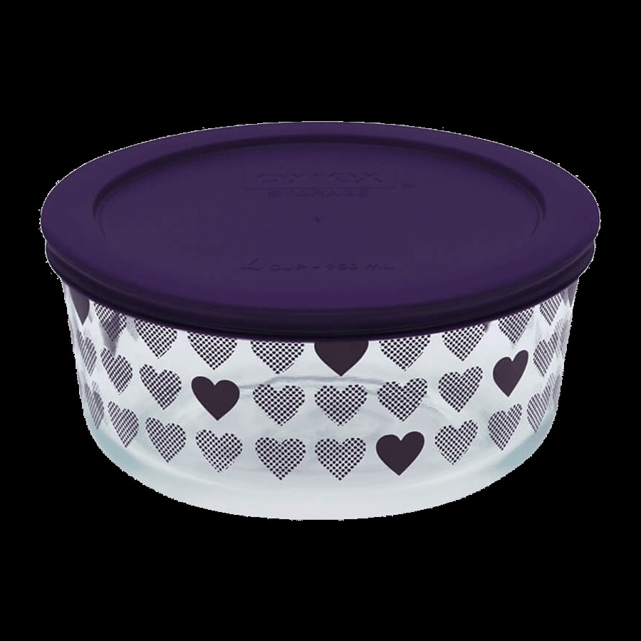 Pyrex Borosilicate Glass Baking Round Storage 4 Cup Printed Hearts With Purple Lid