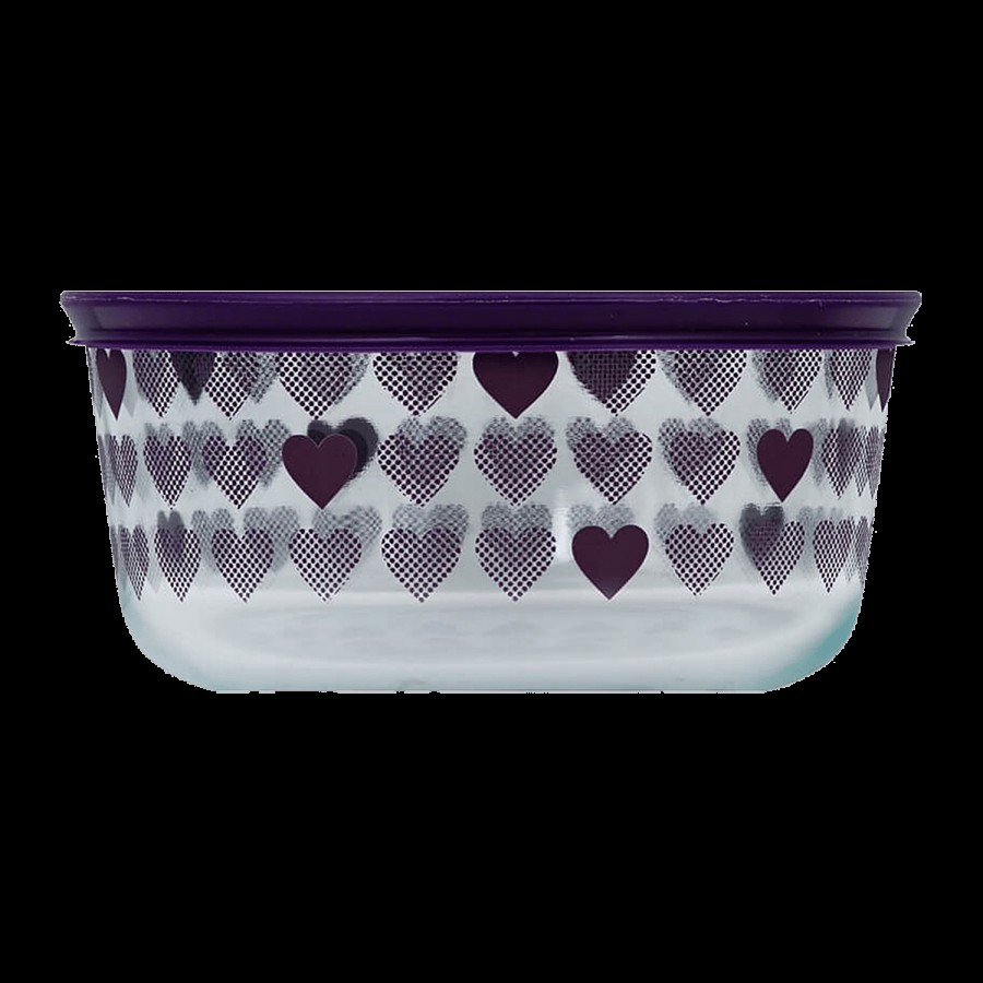 Pyrex Borosilicate Glass Baking Round Storage 4 Cup Printed Hearts With Purple Lid