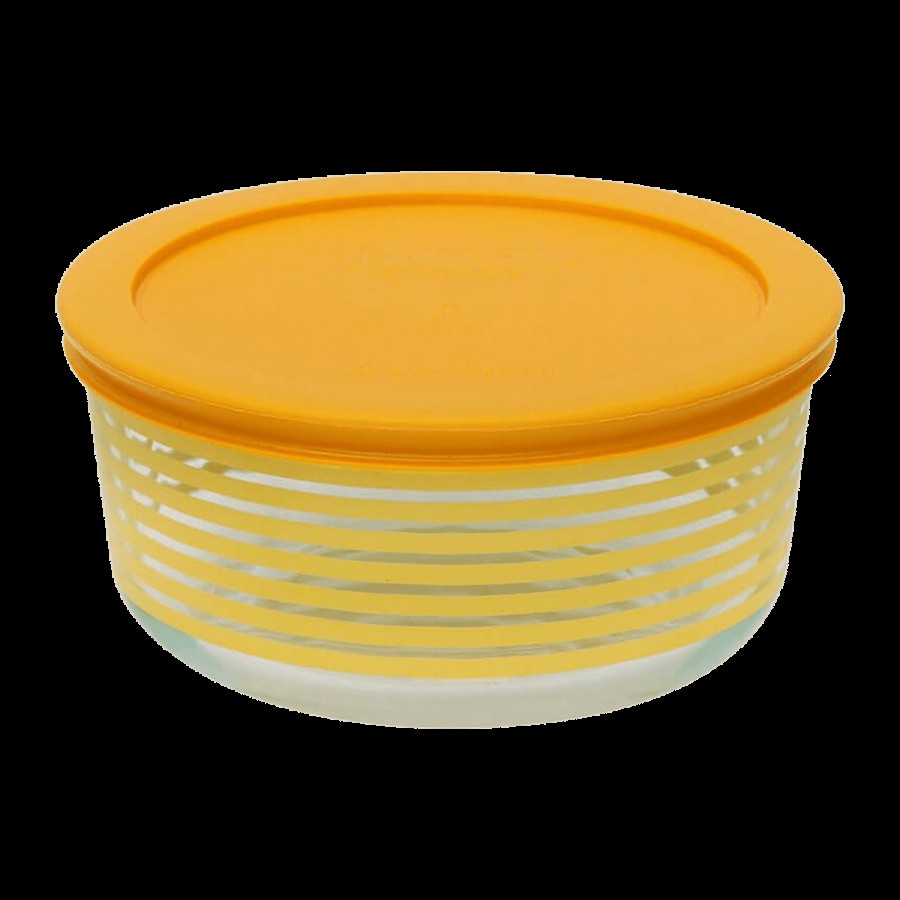 Pyrex Borosilicate Glass Baking Round Storage 4 Cup Printed Stripes With Yellow Lid